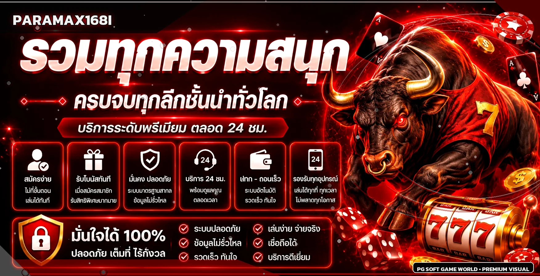 แบนเนอร์โลกเกม PARAMAX168I พร้อมตัวละครและเอฟเฟกต์สีแดง